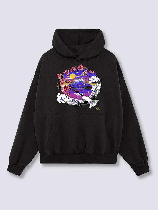 Front Print - Mount Fuji Crane Hoodie Hover Image