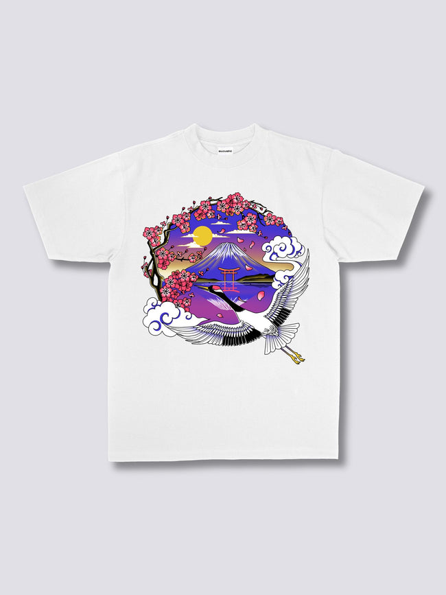 Front Print - Mount Fuji Crane T-Shirt Hover Image